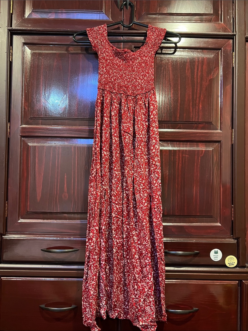 Women’s Red Floral Maxi Dress with Smocked Bodice and Front Slits